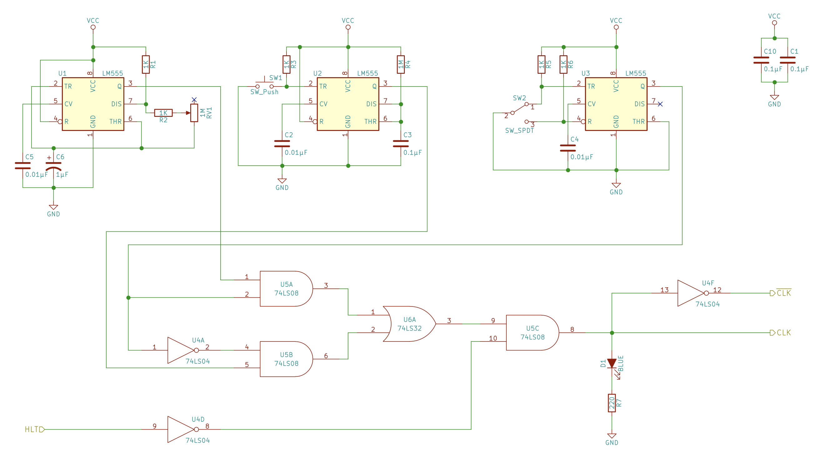 Schematic of the 555-based clock module with adjustable speed and single-step modes.