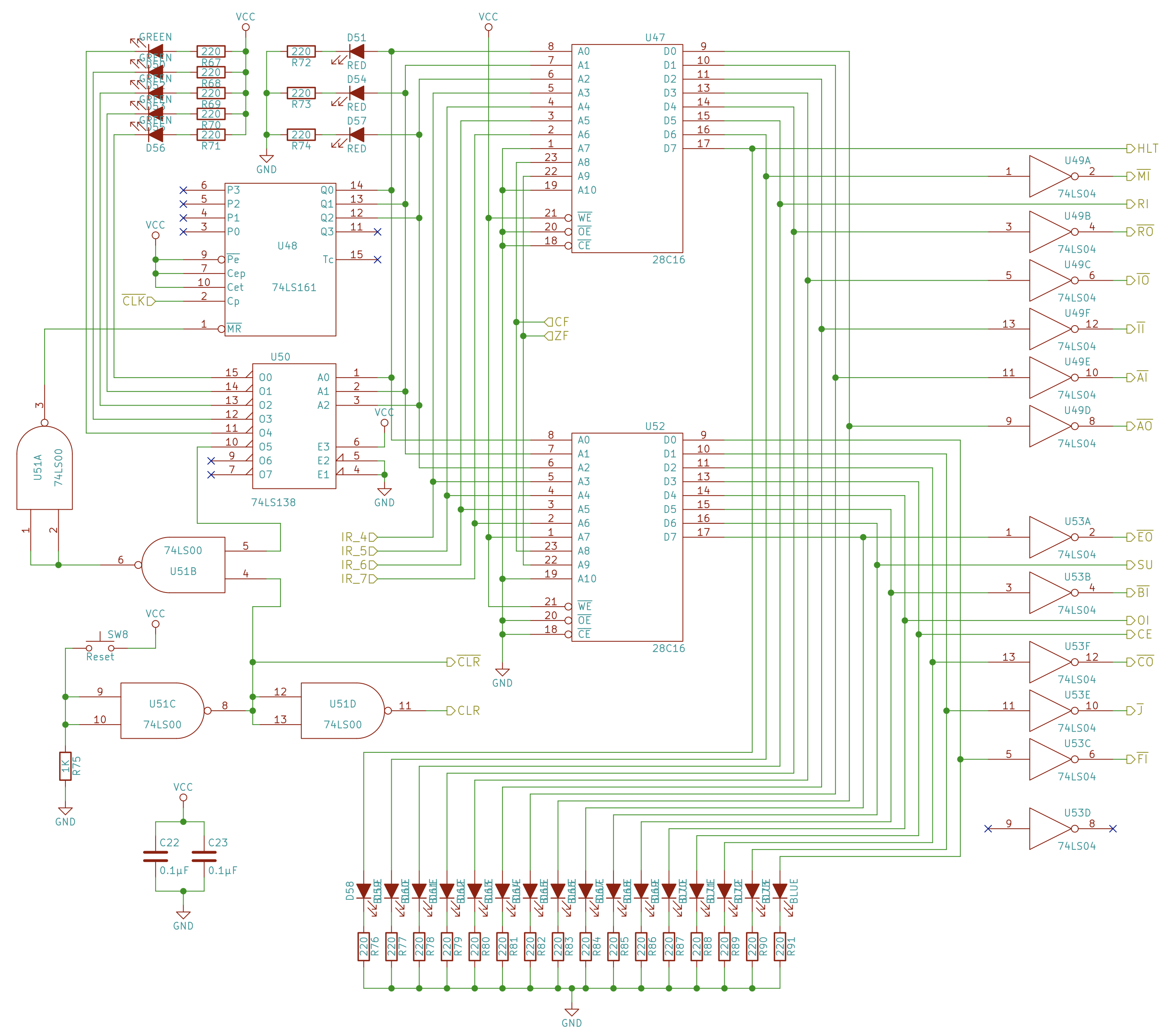 Schematic of the microcoded control unit — EEPROMs decoding opcode + step counter into control-line bitmaps.