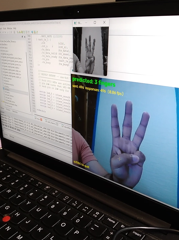 FPGA CNN accelerator running live — predicted: 3 fingers