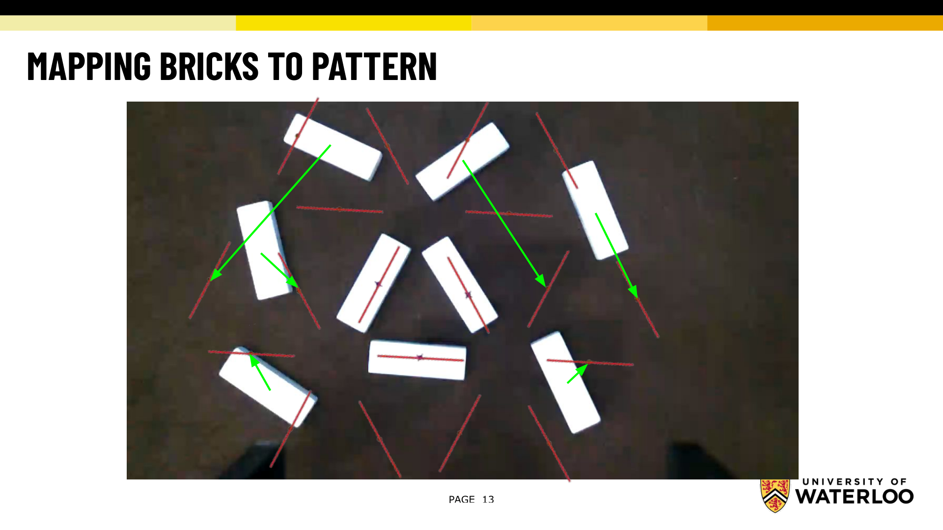 Camera view of Jenga bricks on a dark surface with green and red arrows overlaid showing the detected coordinate frame for each brick.