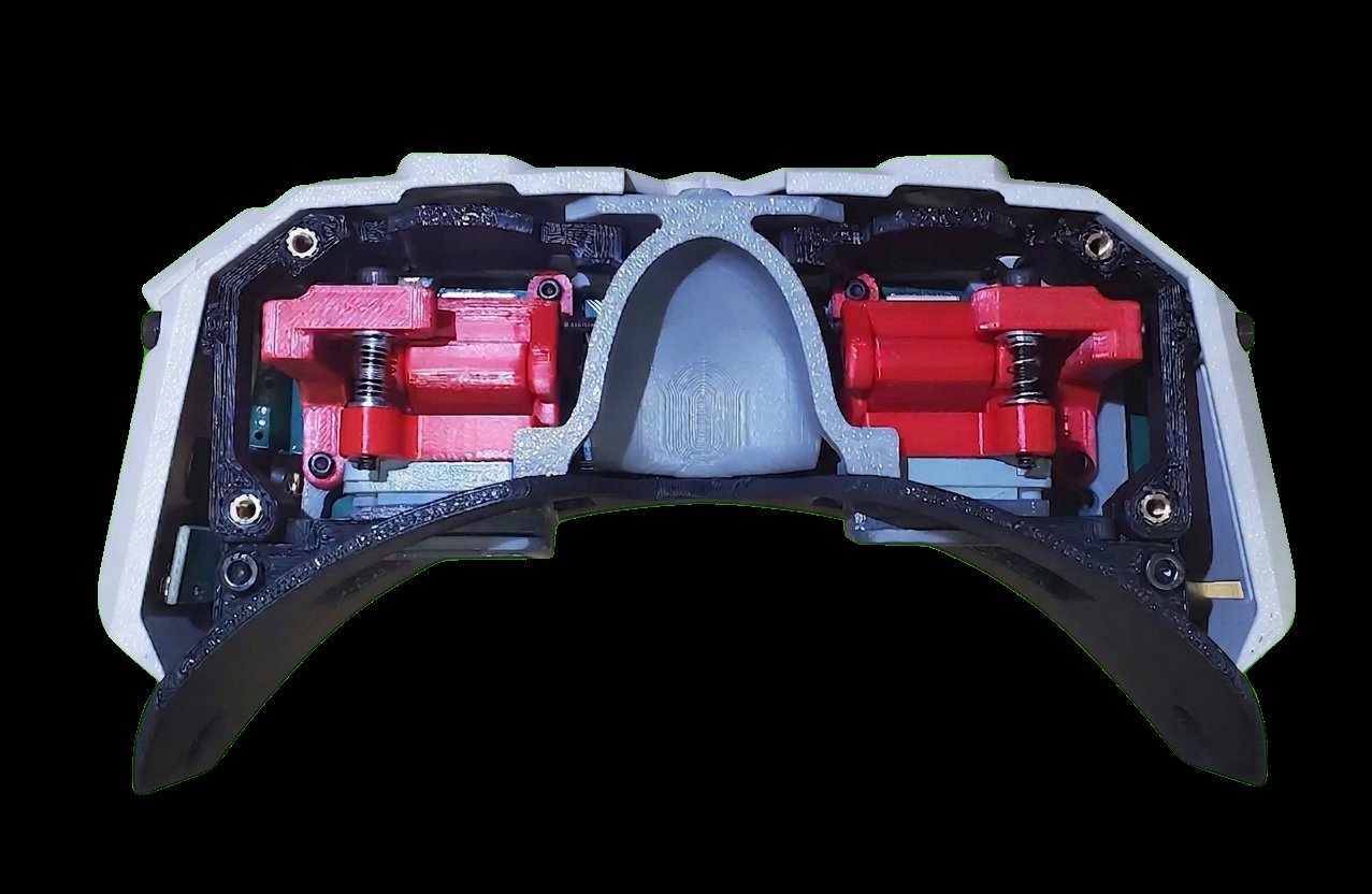 Top-down view of the Vision AI headset internals, showing the FLCOS display modules.