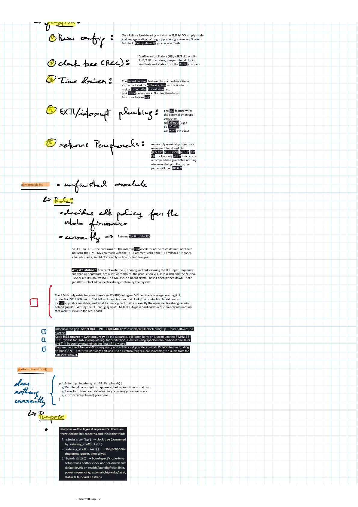Handwritten clock tree notes with gap numbering and decision to decouple HSE from bring-up